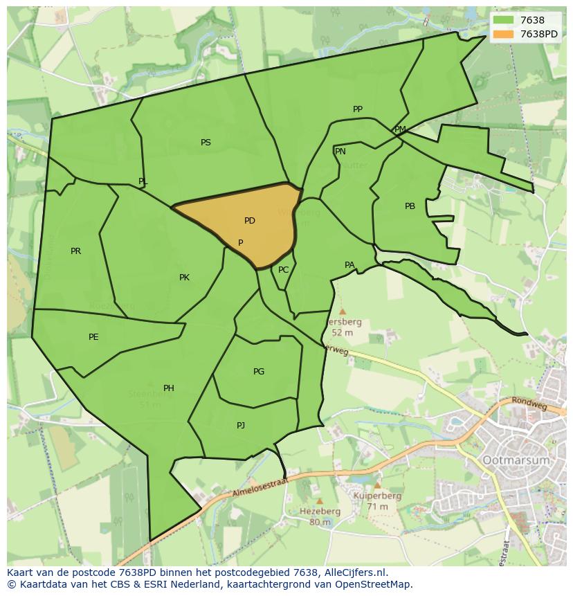 Afbeelding van het postcodegebied 7638 PD op de kaart.