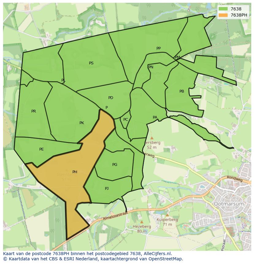 Afbeelding van het postcodegebied 7638 PH op de kaart.