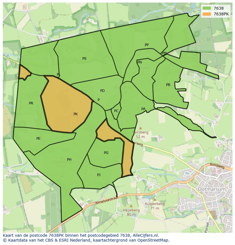 Afbeelding van het postcodegebied 7638 PK op de kaart.