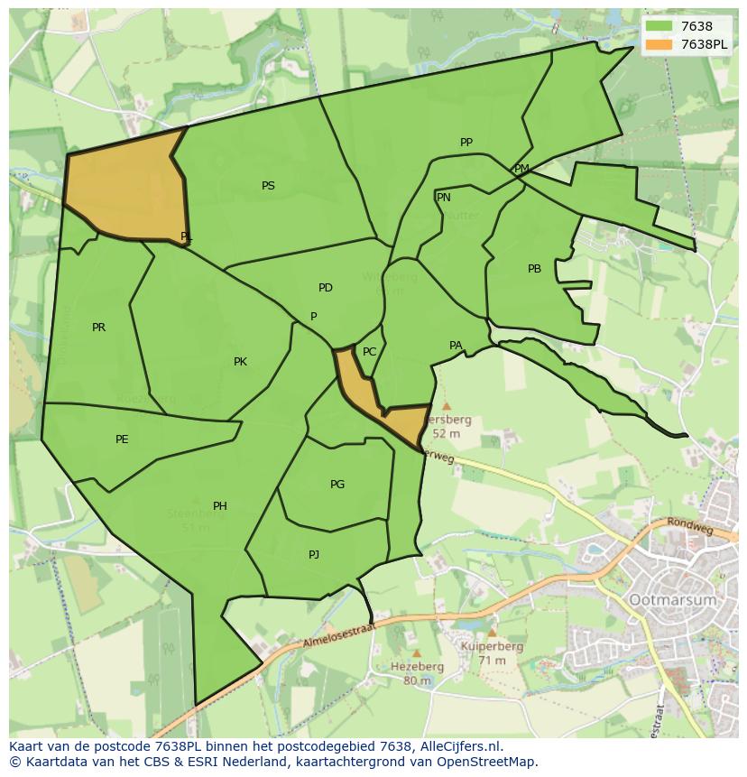 Afbeelding van het postcodegebied 7638 PL op de kaart.