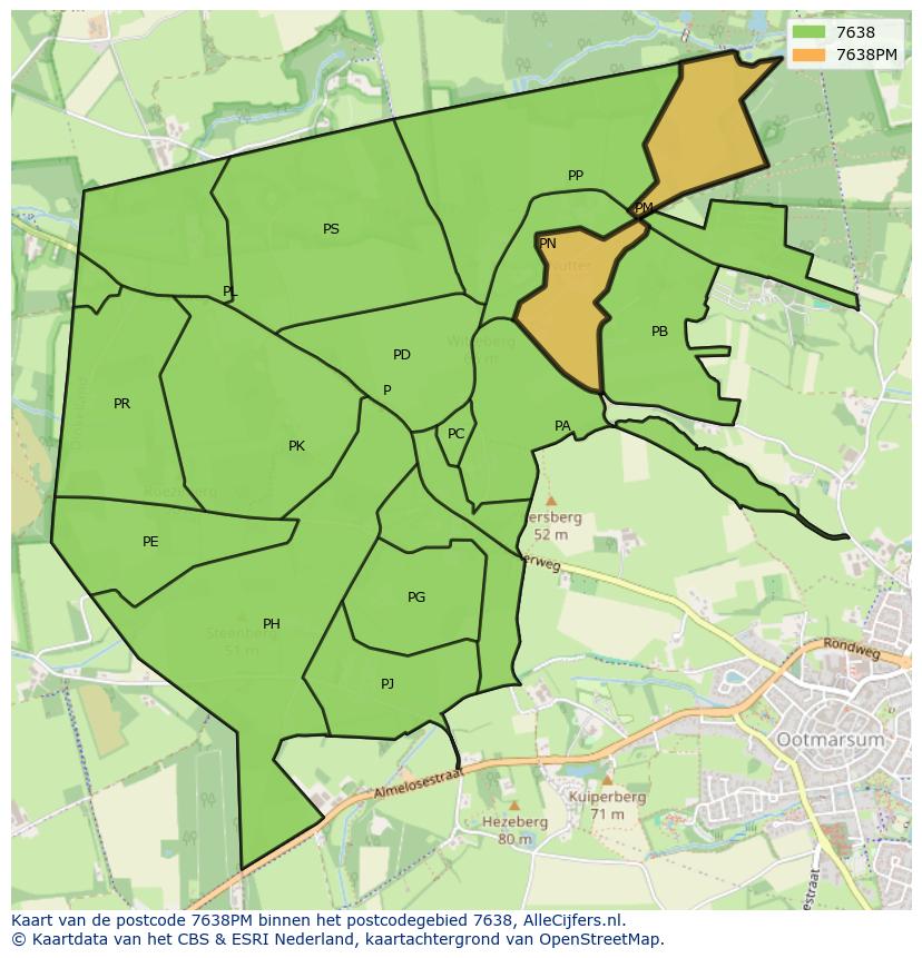 Afbeelding van het postcodegebied 7638 PM op de kaart.