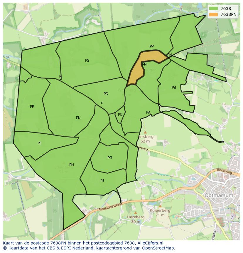 Afbeelding van het postcodegebied 7638 PN op de kaart.