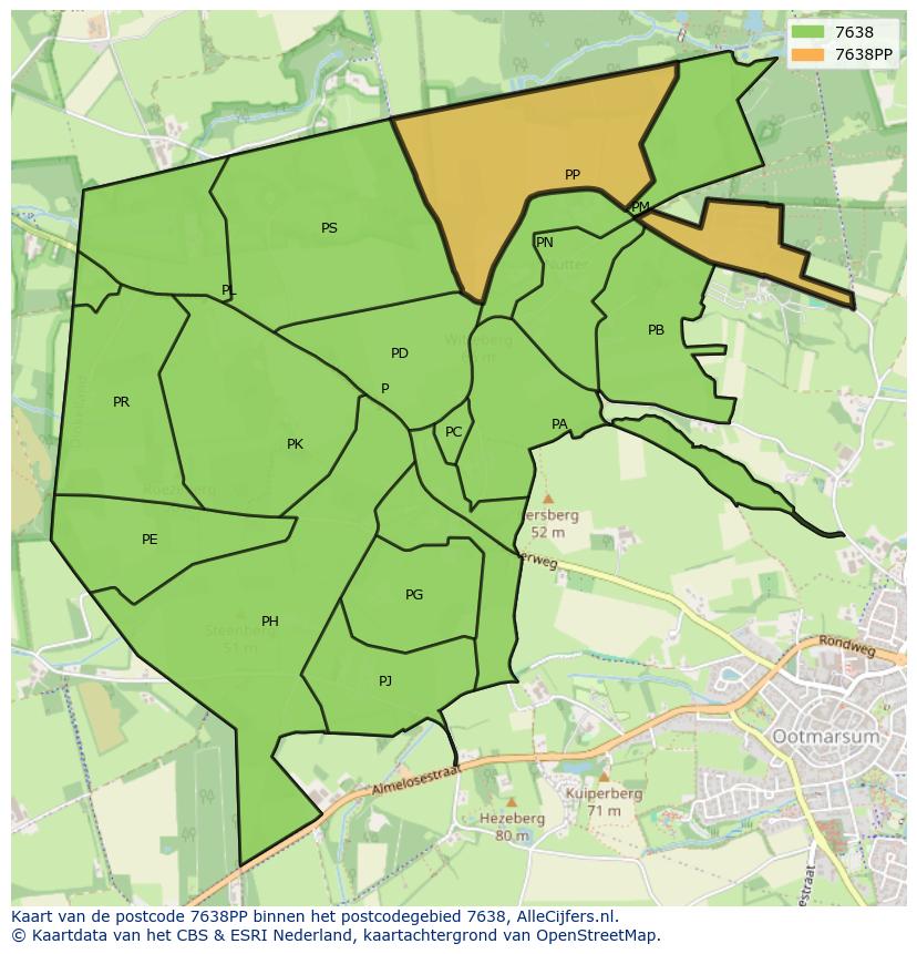 Afbeelding van het postcodegebied 7638 PP op de kaart.