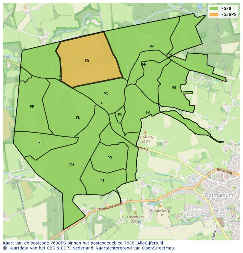 Afbeelding van het postcodegebied 7638 PS op de kaart.