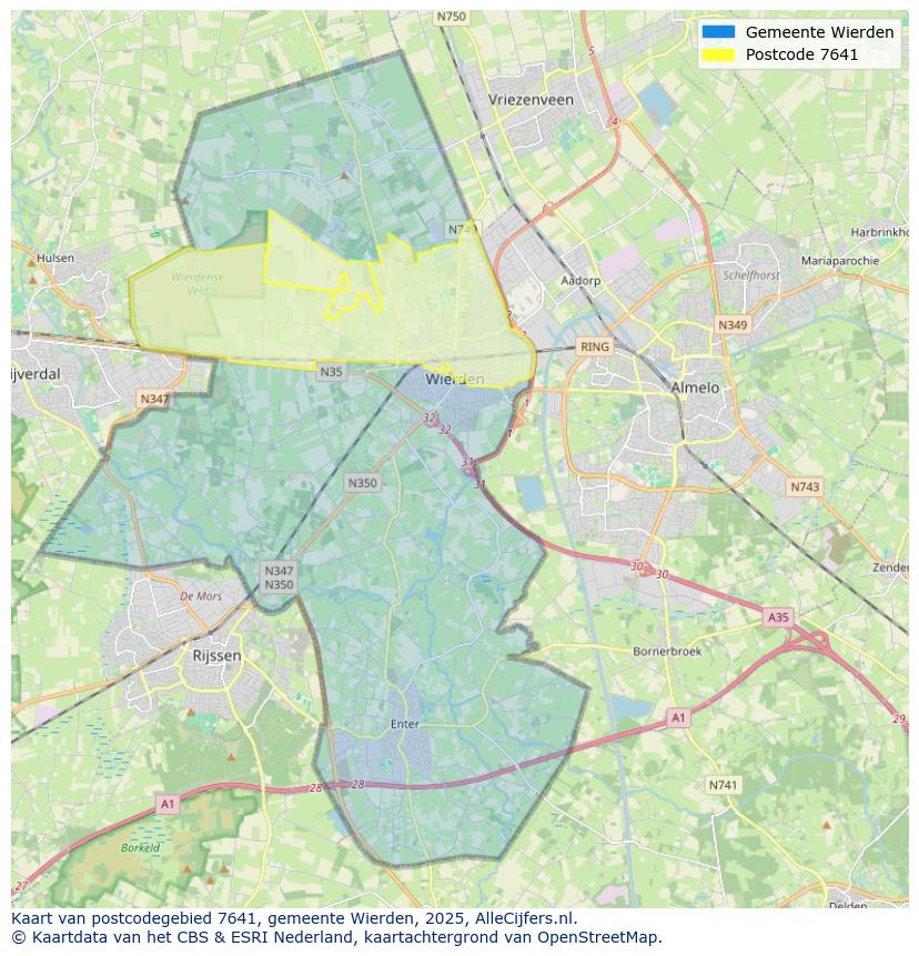 Afbeelding van het postcodegebied 7641 op de kaart.