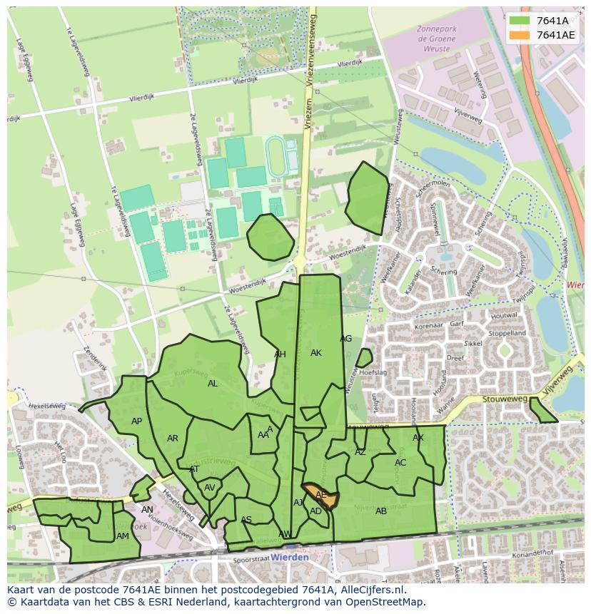 Afbeelding van het postcodegebied 7641 AE op de kaart.