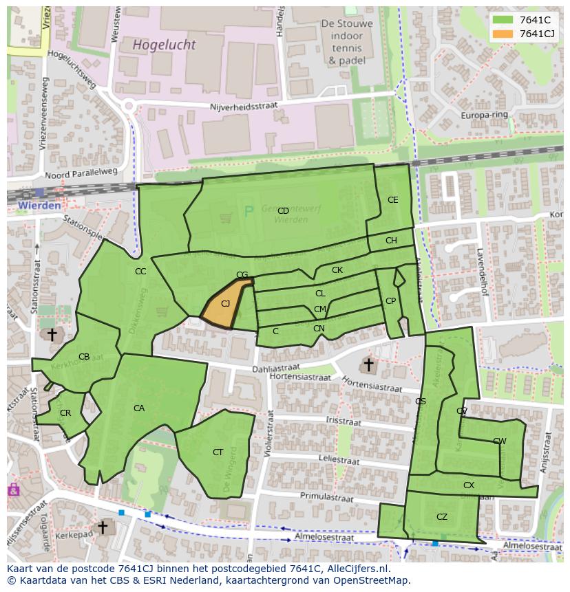 Afbeelding van het postcodegebied 7641 CJ op de kaart.