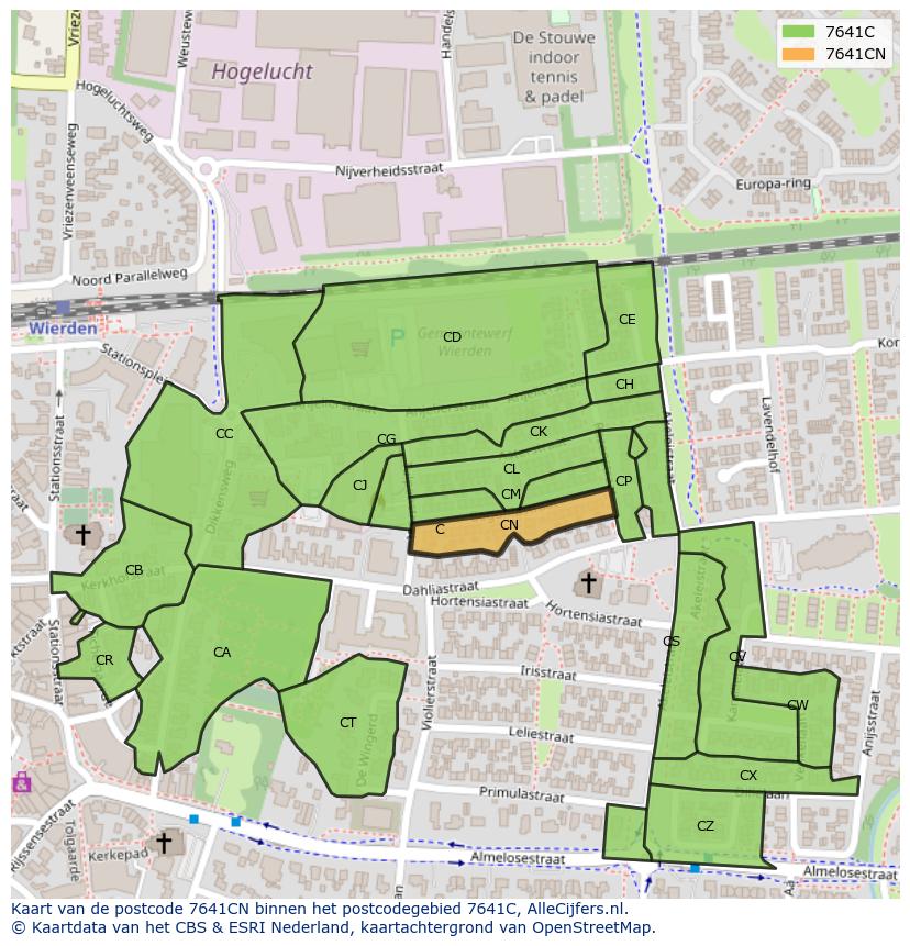 Afbeelding van het postcodegebied 7641 CN op de kaart.