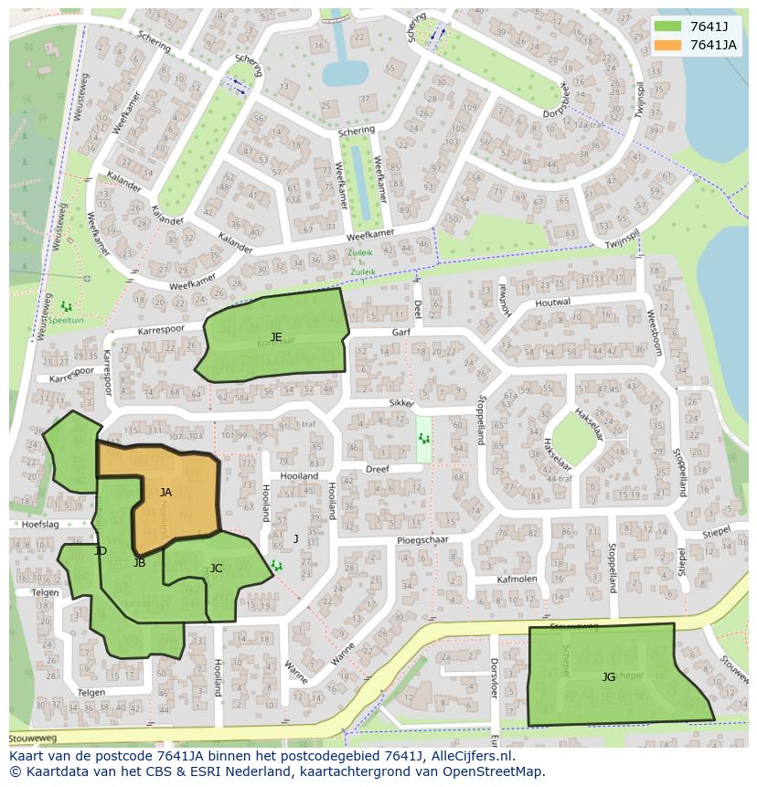 Afbeelding van het postcodegebied 7641 JA op de kaart.