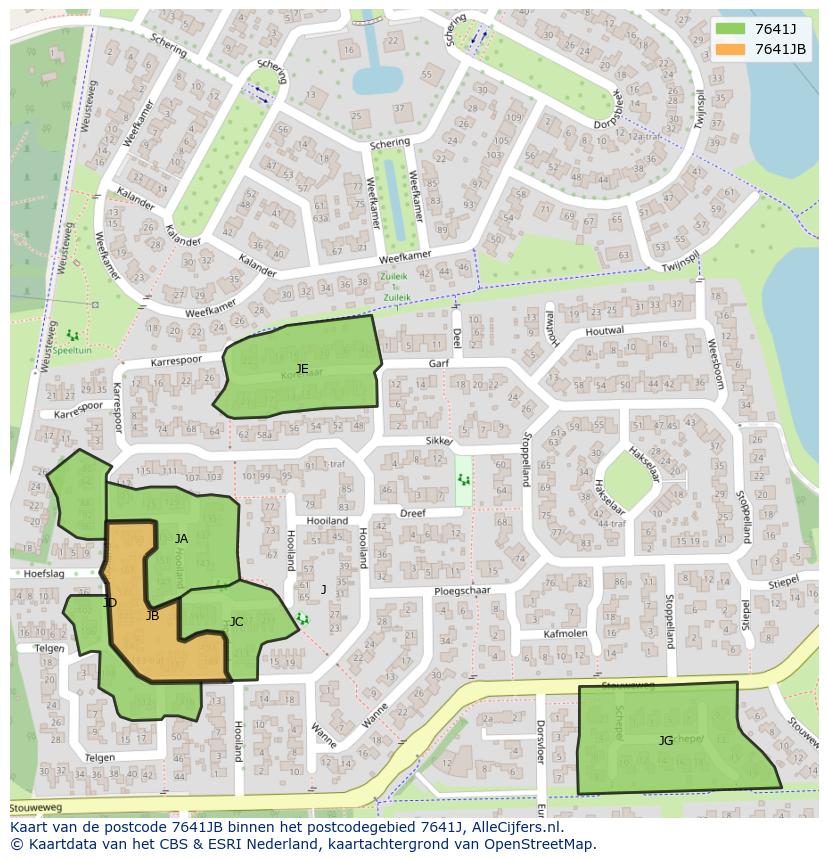 Afbeelding van het postcodegebied 7641 JB op de kaart.