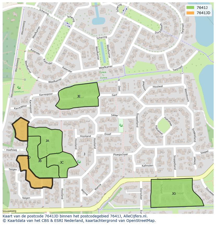 Afbeelding van het postcodegebied 7641 JD op de kaart.