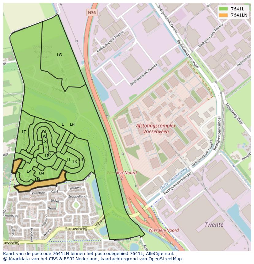 Afbeelding van het postcodegebied 7641 LN op de kaart.