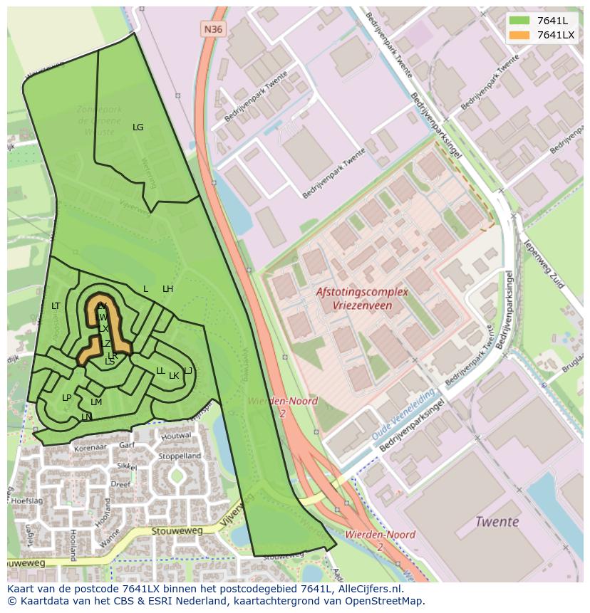Afbeelding van het postcodegebied 7641 LX op de kaart.