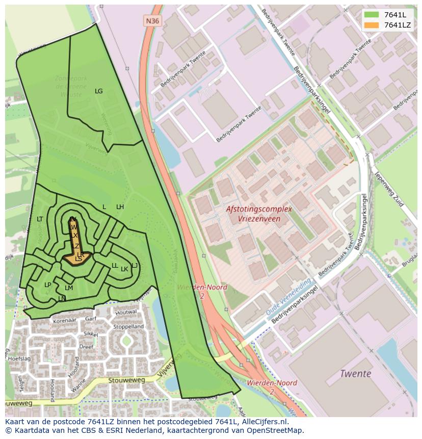 Afbeelding van het postcodegebied 7641 LZ op de kaart.
