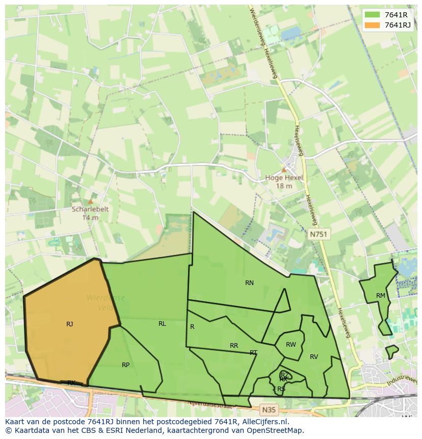 Afbeelding van het postcodegebied 7641 RJ op de kaart.