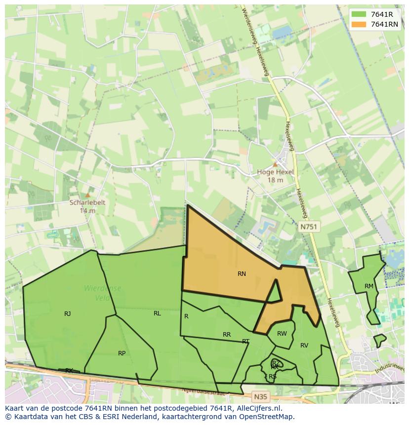 Afbeelding van het postcodegebied 7641 RN op de kaart.