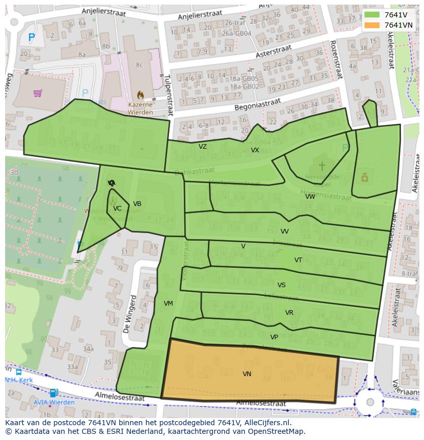 Afbeelding van het postcodegebied 7641 VN op de kaart.