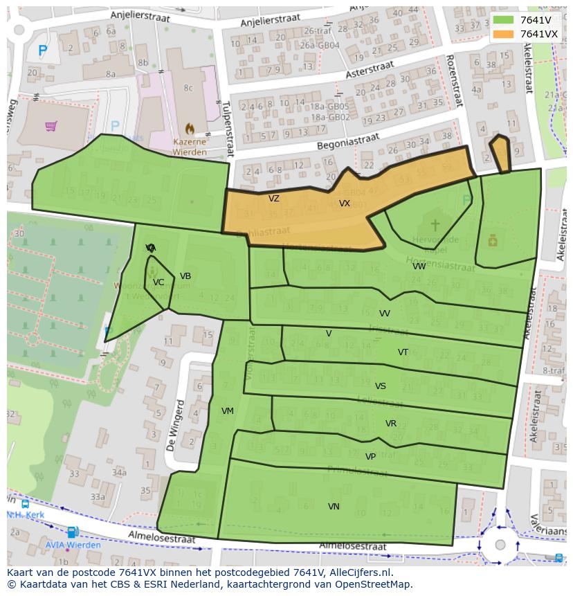 Afbeelding van het postcodegebied 7641 VX op de kaart.