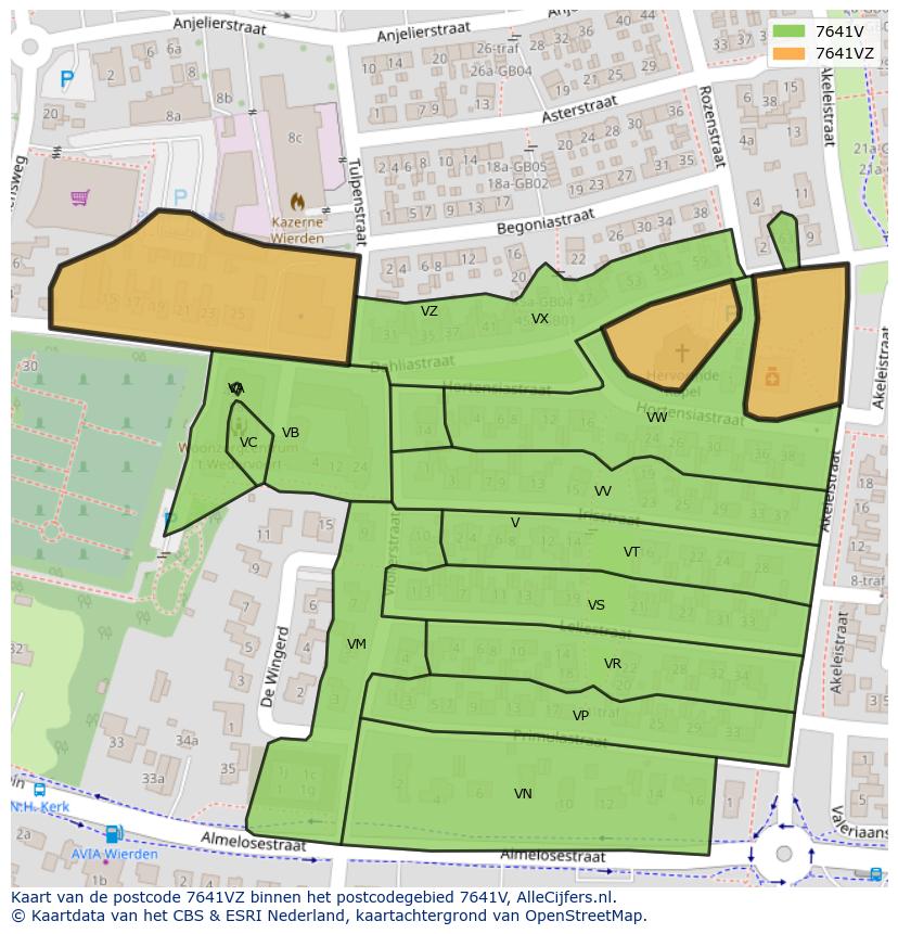 Afbeelding van het postcodegebied 7641 VZ op de kaart.