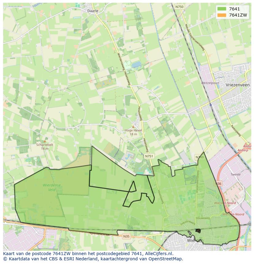 Afbeelding van het postcodegebied 7641 ZW op de kaart.