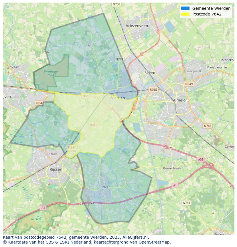 Afbeelding van het postcodegebied 7642 op de kaart.