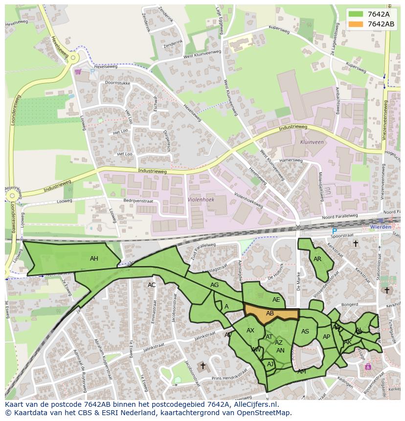 Afbeelding van het postcodegebied 7642 AB op de kaart.