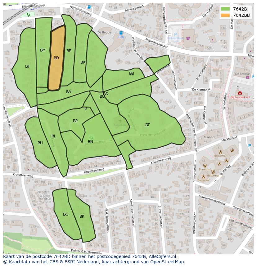 Afbeelding van het postcodegebied 7642 BD op de kaart.