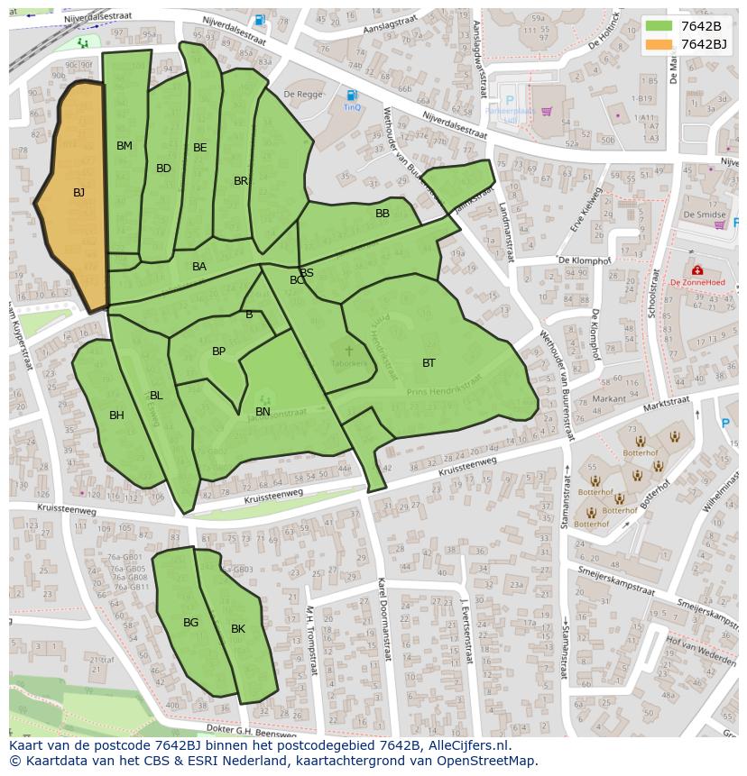 Afbeelding van het postcodegebied 7642 BJ op de kaart.