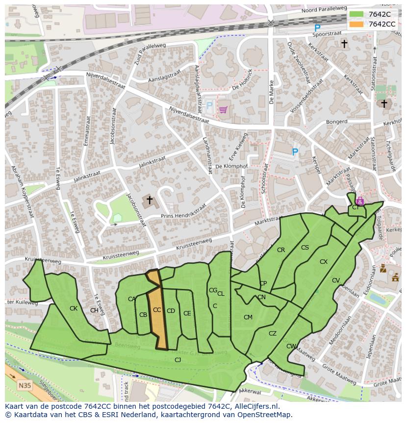 Afbeelding van het postcodegebied 7642 CC op de kaart.