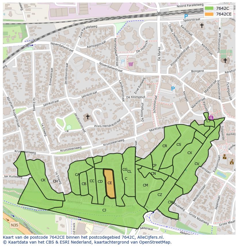 Afbeelding van het postcodegebied 7642 CE op de kaart.