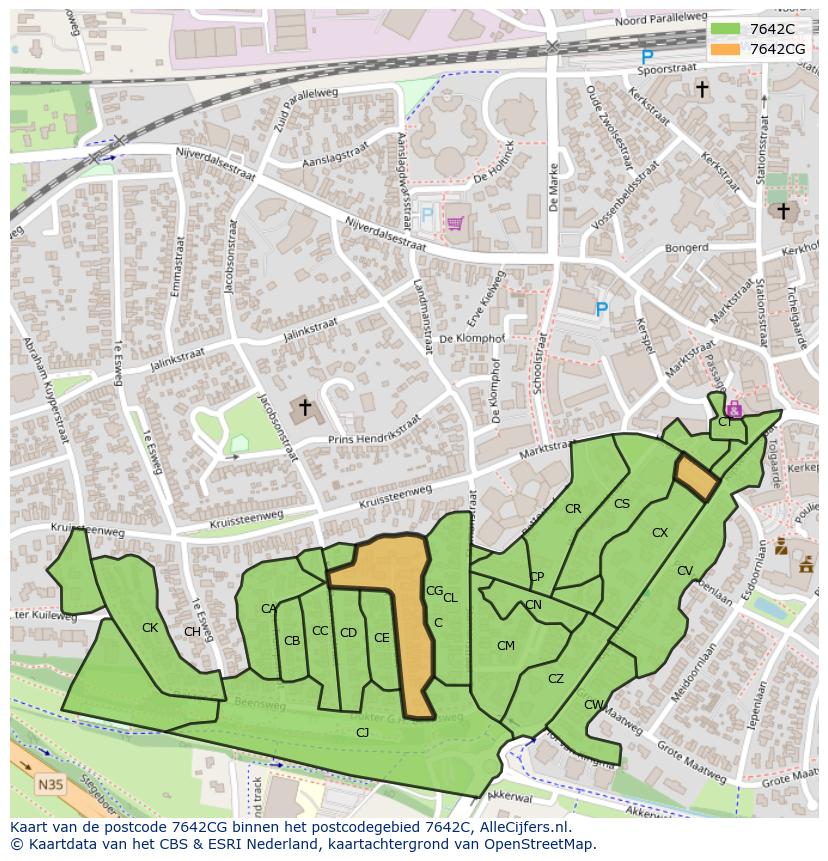 Afbeelding van het postcodegebied 7642 CG op de kaart.