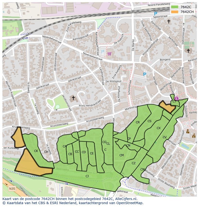 Afbeelding van het postcodegebied 7642 CH op de kaart.
