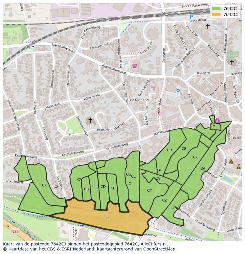 Afbeelding van het postcodegebied 7642 CJ op de kaart.