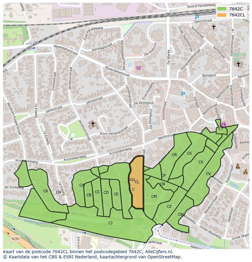 Afbeelding van het postcodegebied 7642 CL op de kaart.