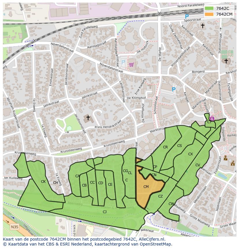 Afbeelding van het postcodegebied 7642 CM op de kaart.