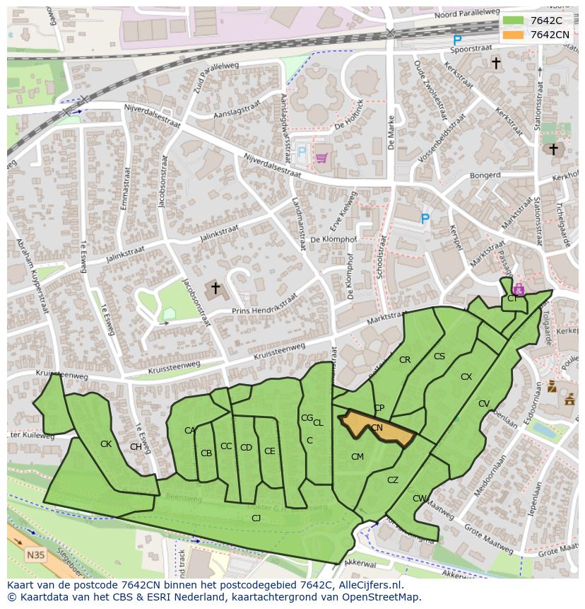 Afbeelding van het postcodegebied 7642 CN op de kaart.