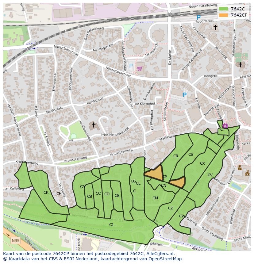 Afbeelding van het postcodegebied 7642 CP op de kaart.