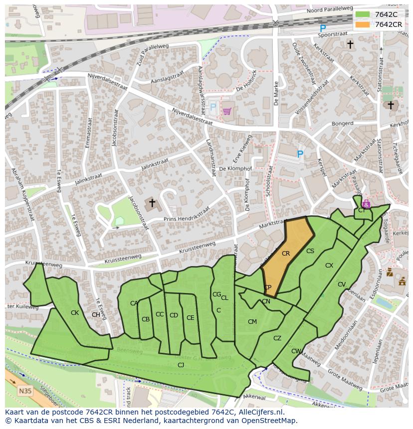 Afbeelding van het postcodegebied 7642 CR op de kaart.