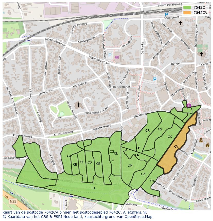 Afbeelding van het postcodegebied 7642 CV op de kaart.