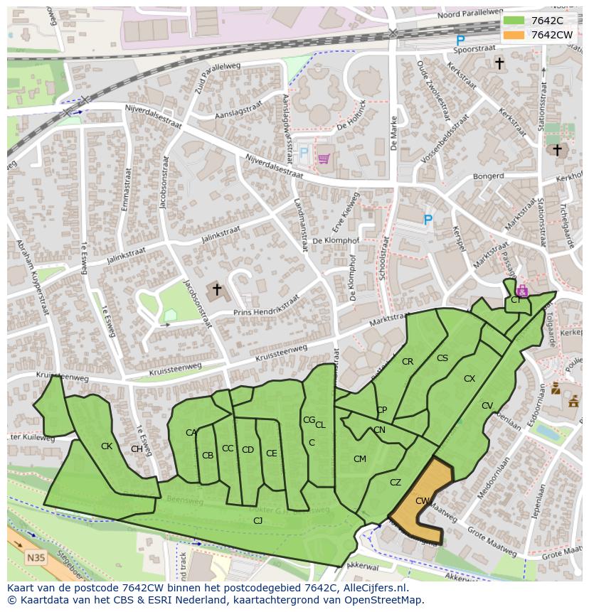 Afbeelding van het postcodegebied 7642 CW op de kaart.