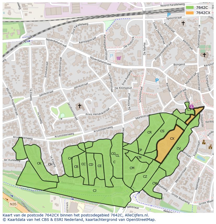 Afbeelding van het postcodegebied 7642 CX op de kaart.