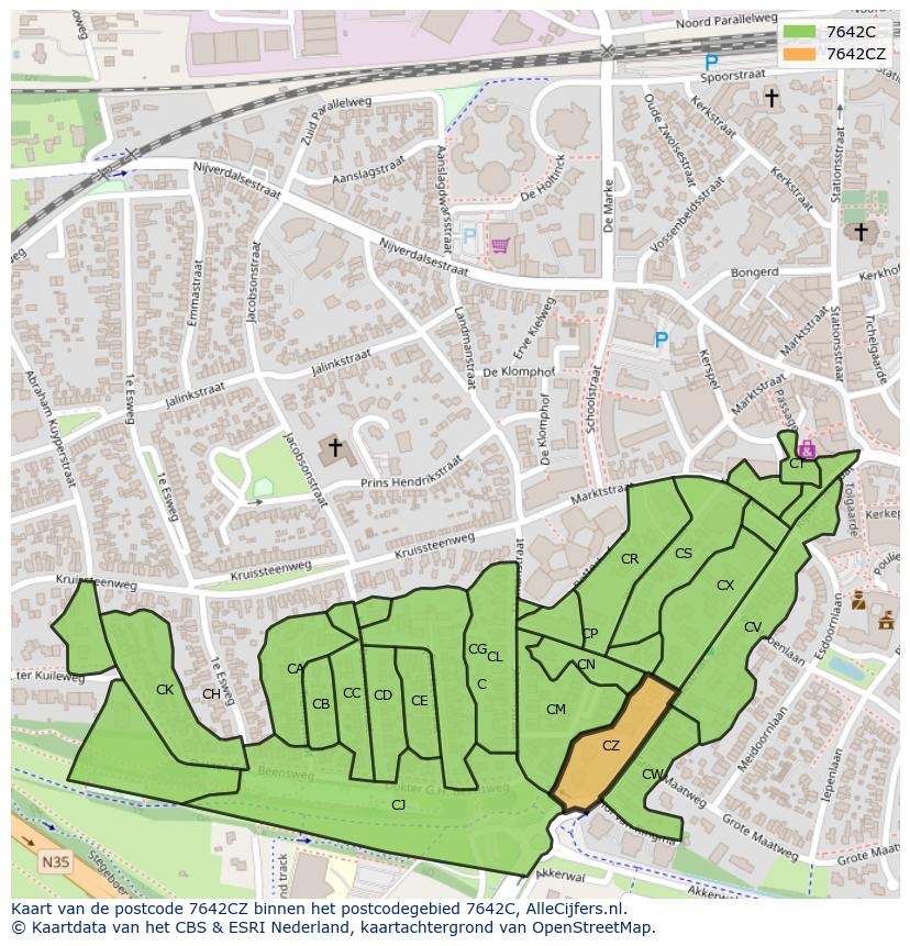 Afbeelding van het postcodegebied 7642 CZ op de kaart.