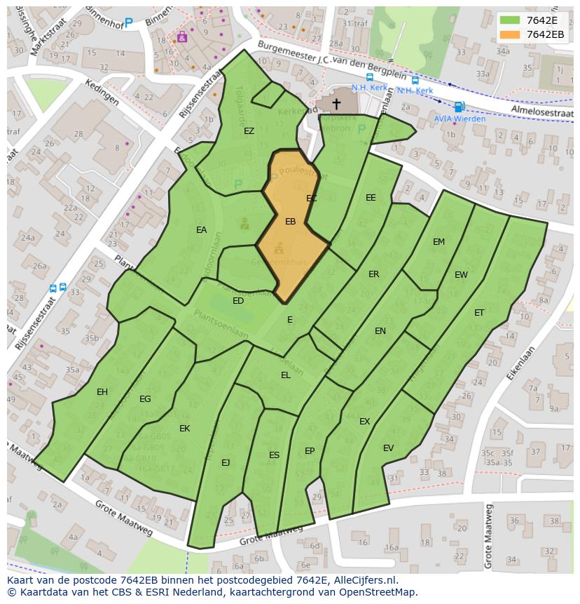 Afbeelding van het postcodegebied 7642 EB op de kaart.