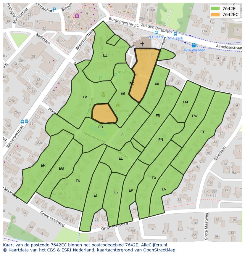 Afbeelding van het postcodegebied 7642 EC op de kaart.