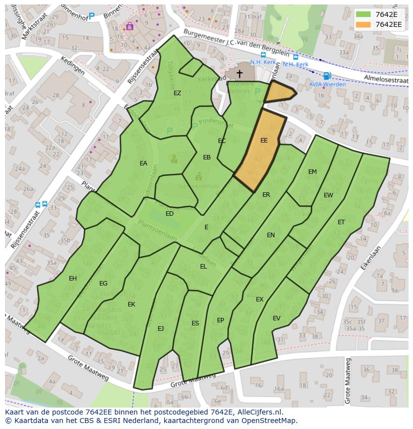 Afbeelding van het postcodegebied 7642 EE op de kaart.