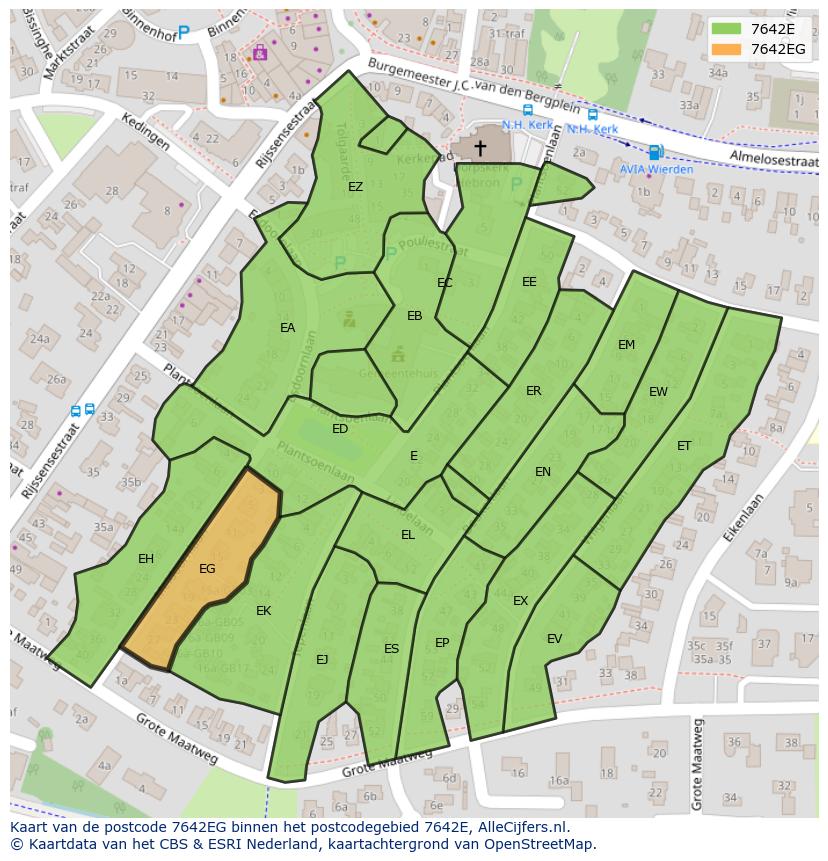 Afbeelding van het postcodegebied 7642 EG op de kaart.