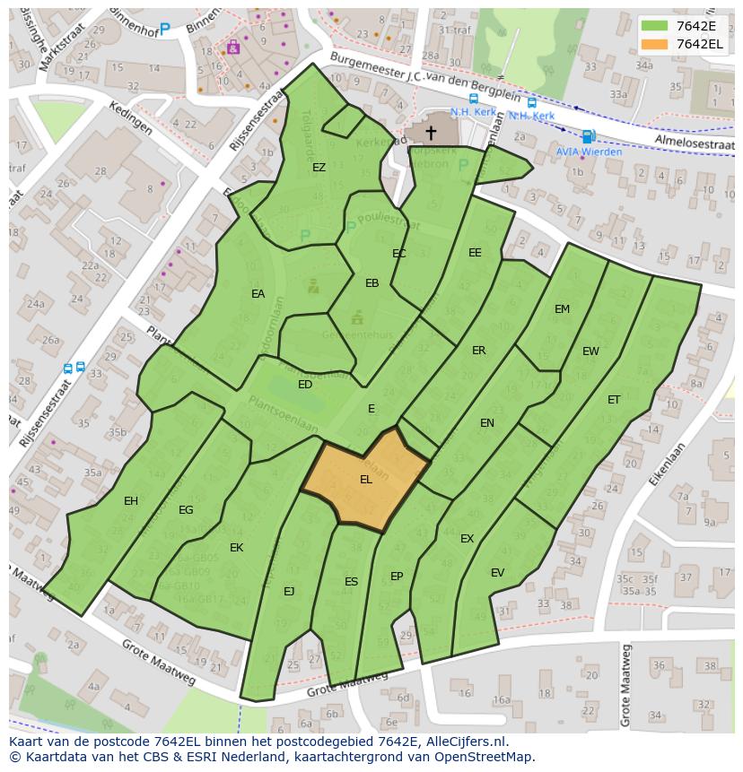 Afbeelding van het postcodegebied 7642 EL op de kaart.