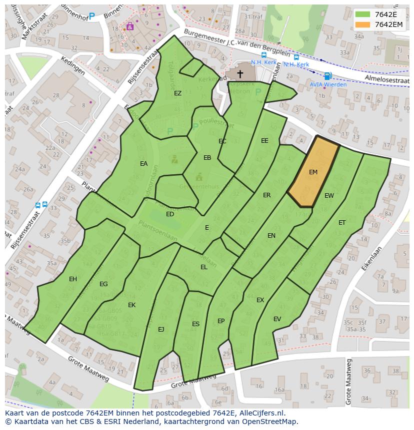 Afbeelding van het postcodegebied 7642 EM op de kaart.