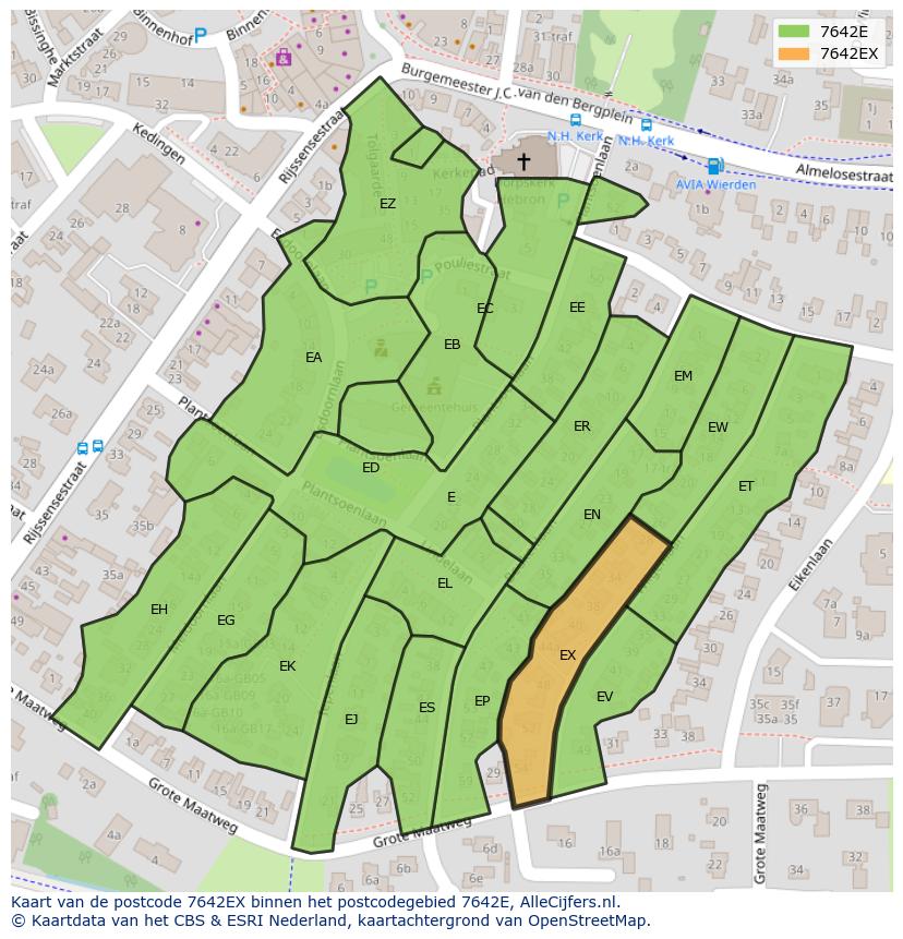Afbeelding van het postcodegebied 7642 EX op de kaart.