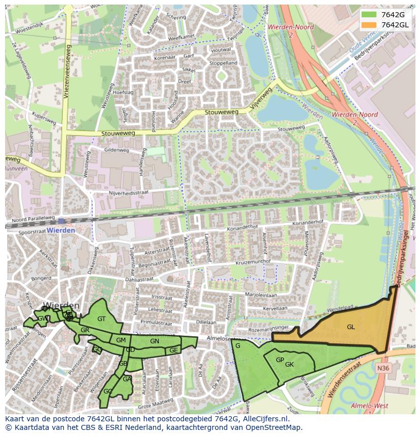 Afbeelding van het postcodegebied 7642 GL op de kaart.
